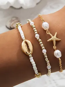 3-Piece Set Vintage Bohemian Beach Style Starfish Glass Bead Anklet, Alloy Multi-Layer Elastic Thread Anklet, Fashion Jewelry for Women