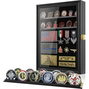 Premium Wooden Challenge Coin Organiser for 60 Coins, Solid Pine Wood with UV Protection Door, Adjustable Shelves, Smooth EVA Velvet Interior, Lockable Stainless Steel Wall-Mounted Shadow Box (Black)