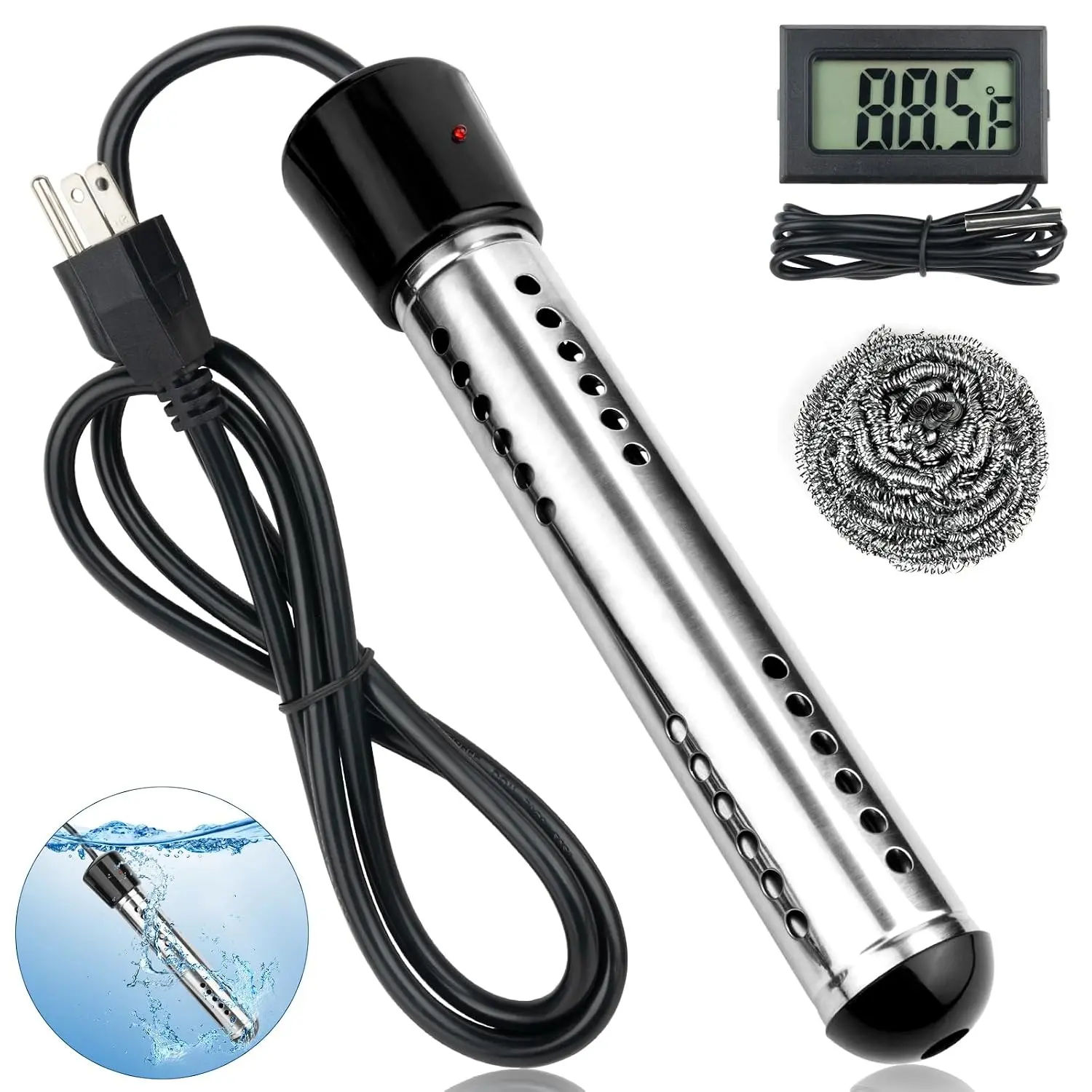 Portable Hot Water Heater 2000W Immersion Electric Heater with 304 Stainless Steel Guard and LCD Thermometer for Bucket Bathtub Inflatable Pool and Outdoor Use