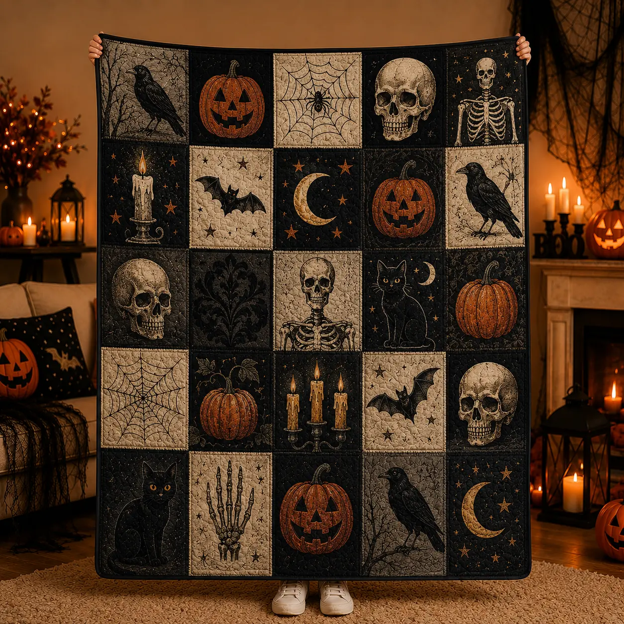 Vintage Gothic Halloween Patchwork Print Throw Blanket, Soft Flannel Pumpkin Skull Crow Black Cat and Skeleton Art for Bedroom and Spooky Lounge Decor, Cozy Lightweight Bed Throw for Movie Night, Halloween Gift for Adults and Gothic Decor Fans