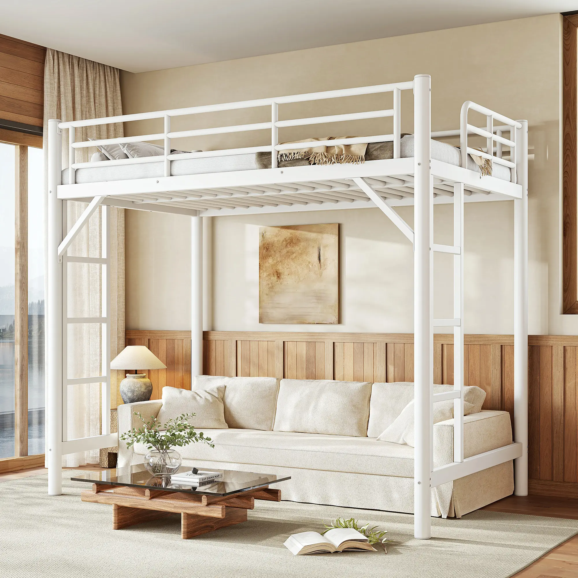 Twin Size Metal Loft Bed for Adults, Heavy Duty Bed Frame with Dual Ladder & Full-Length Guardrails, Space-Saving Design for Bedroom, Dorm, Living Room, No Box Spring Needed