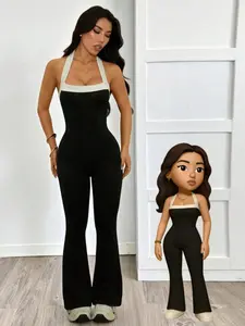 Women's Halter Neck Patchwork Bodycon Jumpsuit, Slim Fit Casual Sportswear, Comfortable Daily Wear, All-Season Fashion