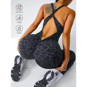 Women's Leopard Print Cross Strap Sleeveless Yoga Jumpsuit, High Elasticity Knit Sportswear for Autumn Winter, Casual Tight Fit Above Ankle, Sportswear Jumpsuits
