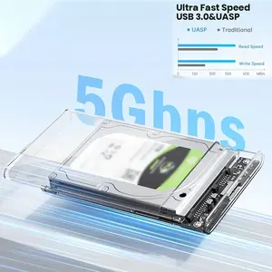 USB 3.0 Transparent HDD Case, 2.5 Inch SATA Iii External HDD/SSD Shell, Tool-Free Installation, Uasp Support, 5gbps Speed, Compatible with PC, Ps4, Xbox