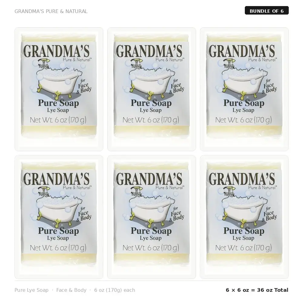 Grandma's Pure Lye Soap Bar - Pack of 6 - 6.0 oz Unscented Face & Body Wash Cleans with No Detergents, Dyes & Fragrances Body Care Cleanser