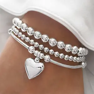 3-Piece Bohemian Bracelet Set - CCB Round Bead & Heart Charm Stackable Bracelets, Unisex Jewelry for Gifting & Daily Wear