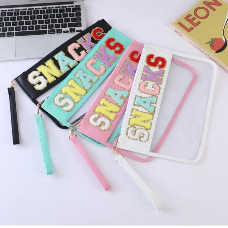 Letter Patched PVC Snack Storage Bag, Portable Lightweight Cosmetic Bag for Women & Girls, Casual Trendy Versatile High-quality Daily Bag, Girl Fashionable Shopping Bag, Fall Outfits, Fall Freshness, Zipper Pouches, Snack Bags, Organiser