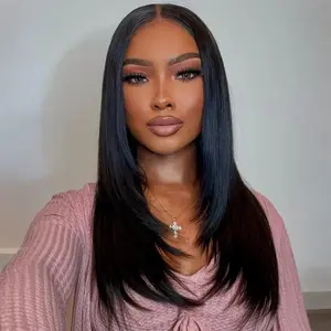 CurlyMe Layered Cut Straight Hair Wear Go Glueless Wig 7x5 Pre-cut Lace Pre-plucked-Natural Black & Mocha Mousse Color