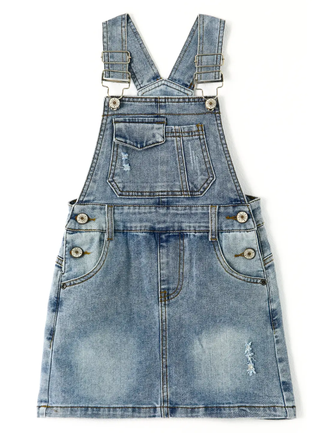 Kidscool Space Girls Light Blue Ripped Denim Overall Dress  Soft Stretch Adjustable Strap Jumper Skirt 6M-10T, Adjustable Waist Overalls, Sleeveless, Overall Skirt