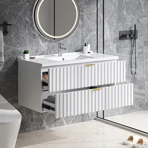 【Valentine's Day Gift】ONBRILL 36 Inch Bathroom Vanity with Sink Combo, Floating Bathroom Vanity with 2 Fluted Drawers & Metal Handle, Modern Wall Mount Storage Cabinet with Ceramic Integrated Sink for Small Space