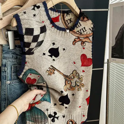 1 piece, Spring/Summer Casual Style Loose Round-neck Sleeveless Knitted Dark Blue Embroidered Color-Contrast Patchwork Print Women's Knitted Top, Colorblock Sweater Vest