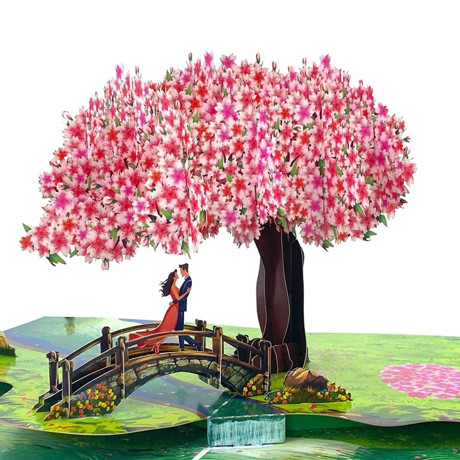 Pop Up Anniversary Cards, 3D Heart Cherry Blossom, Bridge with Couple Wedding Cards for Wife, Husband, Her, Him, Girlfriend, Ideal Gift for Birthday, Wedding, Valentines, Mothers Day