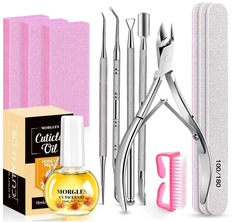 MORGLES Nail File and Buffer Blocks with Nail Care Kit | 13 Pcs Manicure Kit for Women, with Milk and Honey Cuticle Oil, Cuticle Trimmer Set