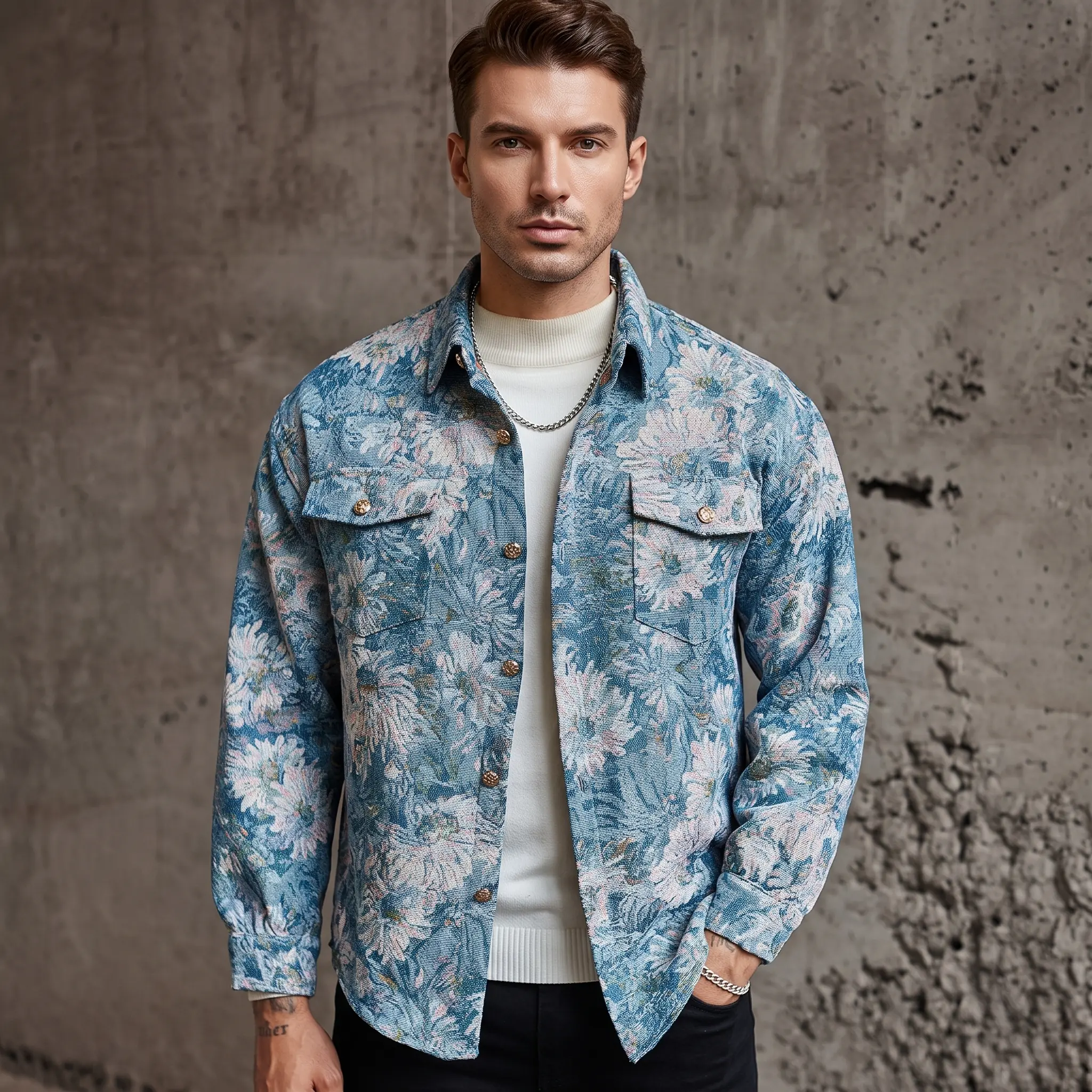 Men's Spring-Autumn Casual Floral Jacquard Jacket, Premium Loose-Fit Notched Lapel, Fashionable Versatile Bad-Boy Style Lightweight Jacket, Suitable for Everyday Wear, Commuting, Street Outings