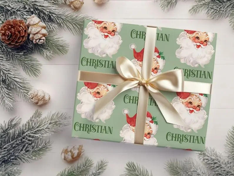 Santa Personalized Christmas Wrapping Paper, Personalized Christmas Gift Wrapping Paper, Vintage Santa Wrapping Paper Custom, Name Gift Wrap