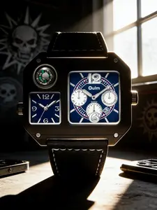 Military Tactical Style Hardcore Black Steel Watch, Square Tactical Body with Dual Time Zone Independent Dials, Compass Function Supported, Lychee Pattern Leather Strap, Exclusive Accessory for Rugged Tactical Outfits
