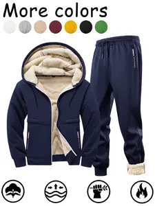 Men's Preppy Style Woven Fabric Jacket & Pants Set, Fitted Plain Design for Fall Winter Outdoor Sports, Comfortable Casual