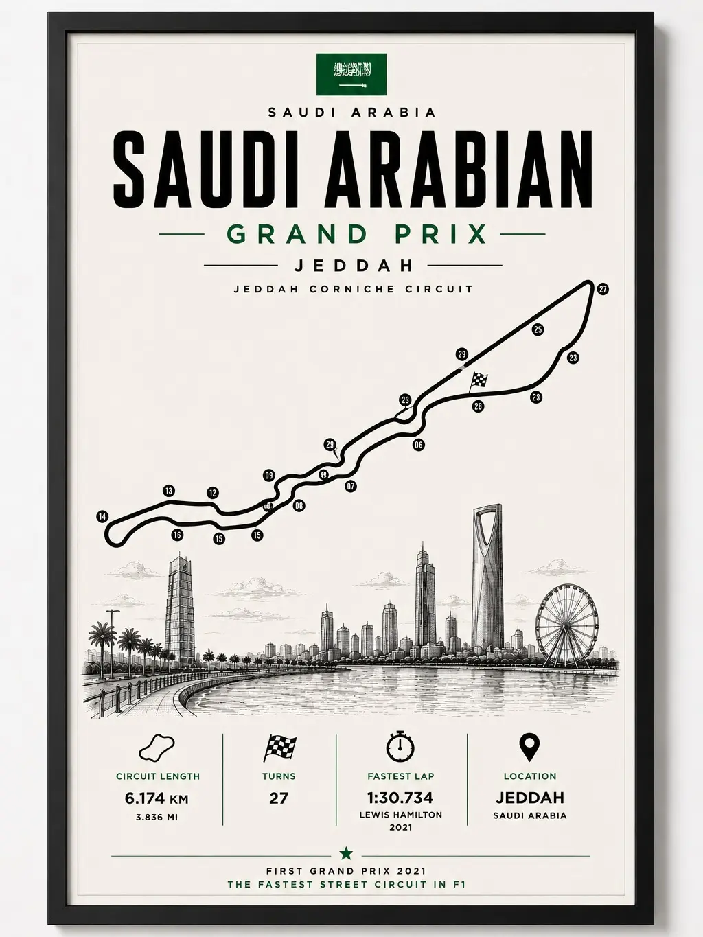 Saudi Arabian Grand Prix Track | Poster Decor Luxury Print Wall Art Decor For Home Bedroom With Black Frame