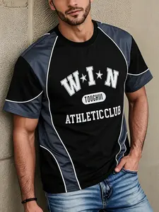 Eurasian Streetwear Colorblock Patchwork Short Sleeve Tee, Vintage College Style, Win Toughiii Athletic Club Letter Print Gym Casual T-Shirt