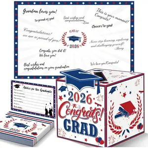 Graduation Decorations Red Blue White 2026 - Giant Guest Book Alternative,Graduation Cards Box with 36PCS Graduation Advice Cards,Signature Board Congrats Grad Decorations Supplies 2026