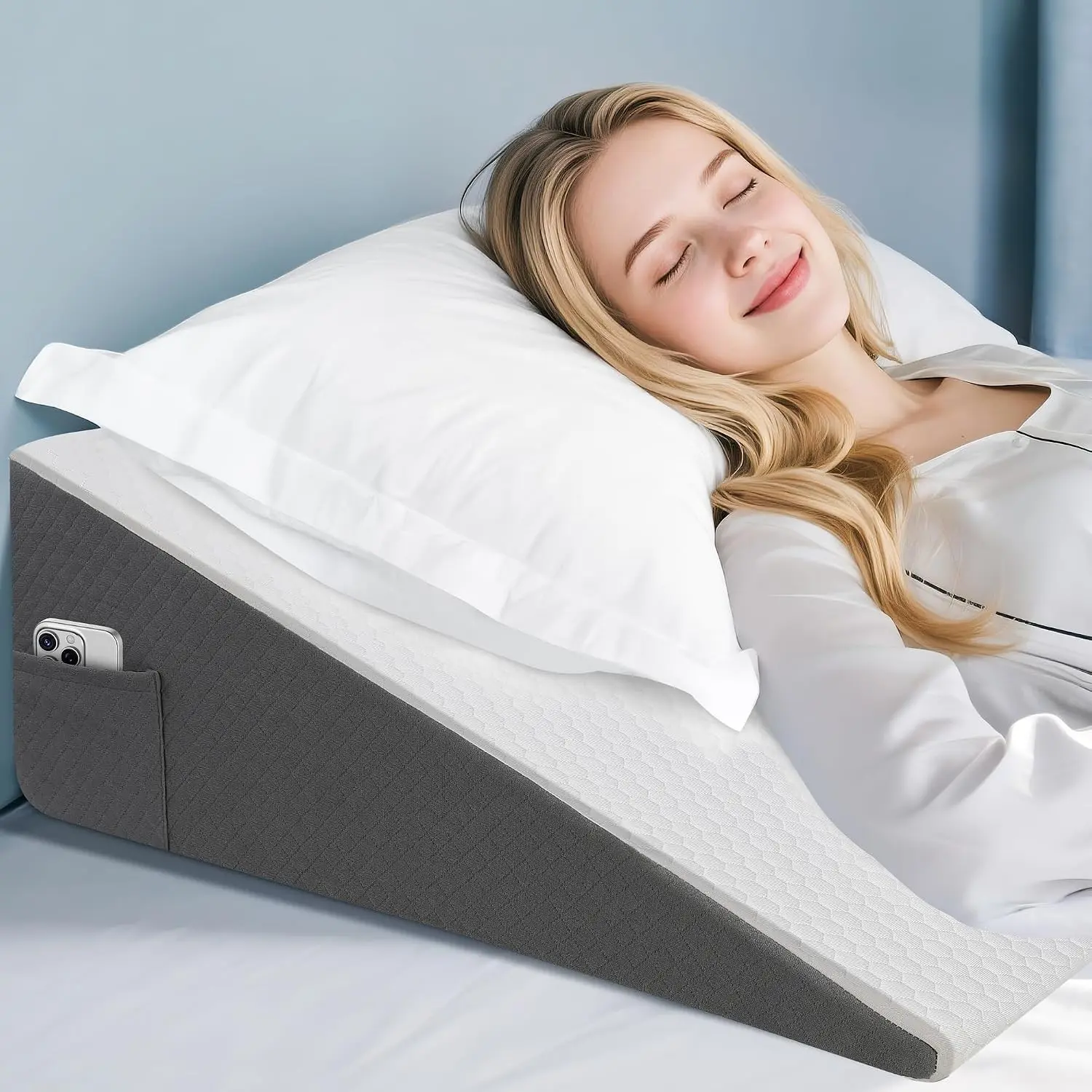 Sleeping Bed Wedge Pillow for Adults Seniors, 10 inch Cooling Memory Foam Incline Pillow Wedge for Head, Neck & Back Support and Leg Elevation, Removable Washable Cover, White