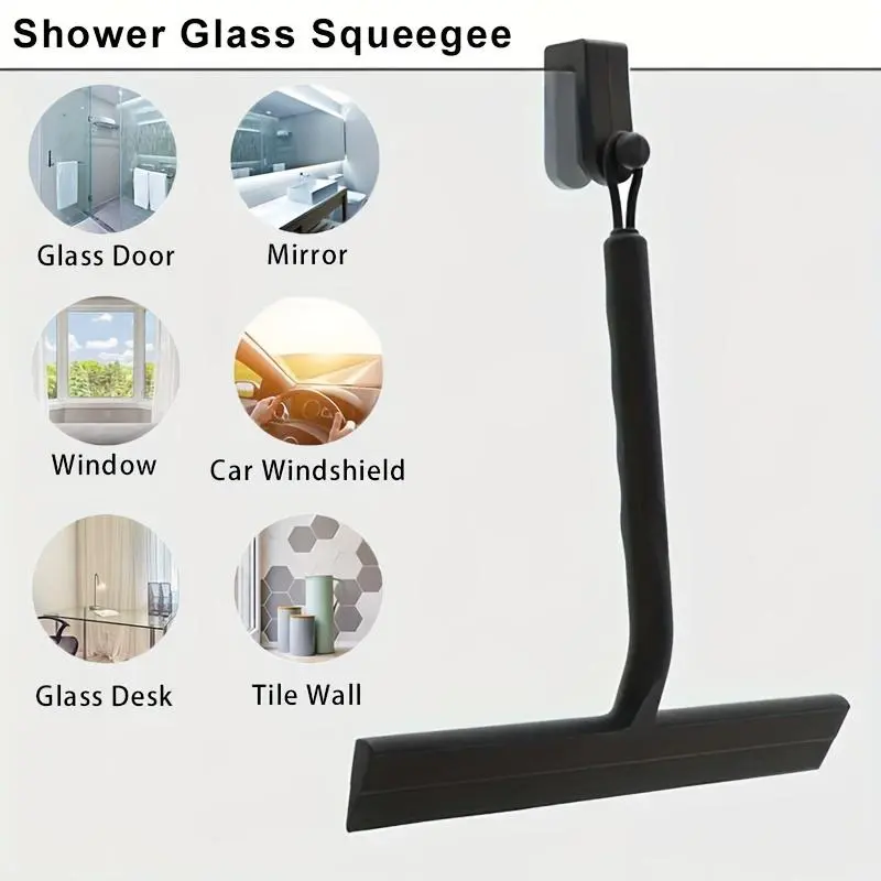 Black Silicone Blade Shower Squeegee with Handle - Glass Cleaning Tool, Soap-Compatible, Durable, Easy-to-Clean, Modern Design Bathroom Home Care Essential for Glass Doors, Mirrors