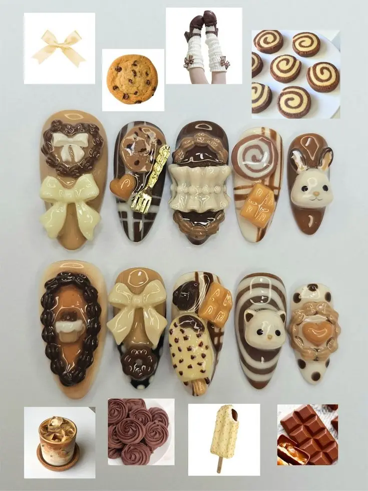 Chocolate Dessert Bunny Press On Nails | Handmade 3D Kawaii Sweets Nails | Cookie Pancake Strawberry Nail Art | Cute Japanese Dessert Almond Press-On Nails with Gift Set (Adhesive Tabs, Nail File, Cuticle Stick)