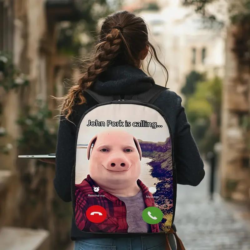 1pc Funny "John Pork is Calling..." Backpack for Adults - Large Capacity Commuter Bag with Ergonomic Double Strap Design, Washable Zipper Closure, Stylish Durable Shoulder Pack for Daily Commute & Outdoor Use, Commuter Bag | Playful Backpack