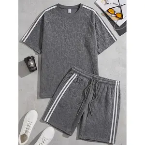 Men’s summer deep gray casual set with 3D leopard texture: short-sleeve top with side white stripes + shorts two-piece set. Loose, breathable, trendy sporty design, versatile for multiple occasions.