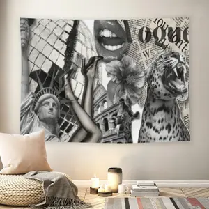 Y2K Black & White Collage Wall Flag, Statue of Liberty & Leopard Print, Mid-century Modern Black Flash Manga Style, 2000s Grunge Aesthetic, For Adult Fans, Fashion & Art Vibe Decor, Bedroom, Living Room, Edgy Room Tapestry