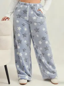 Women's Plus Size Flannel Star Pattern Wide Leg Pants, Thickened Waist Drawstring, Fall Winter Casual Lounge Sleepwear