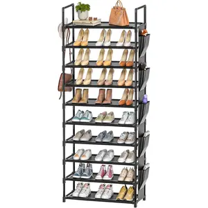 Tall Shoe Rack - 10 Tier Shoe Organizer with Metal Shelf, 5 Hooks, Pocket & Sturdy Stand for Closet Shoes