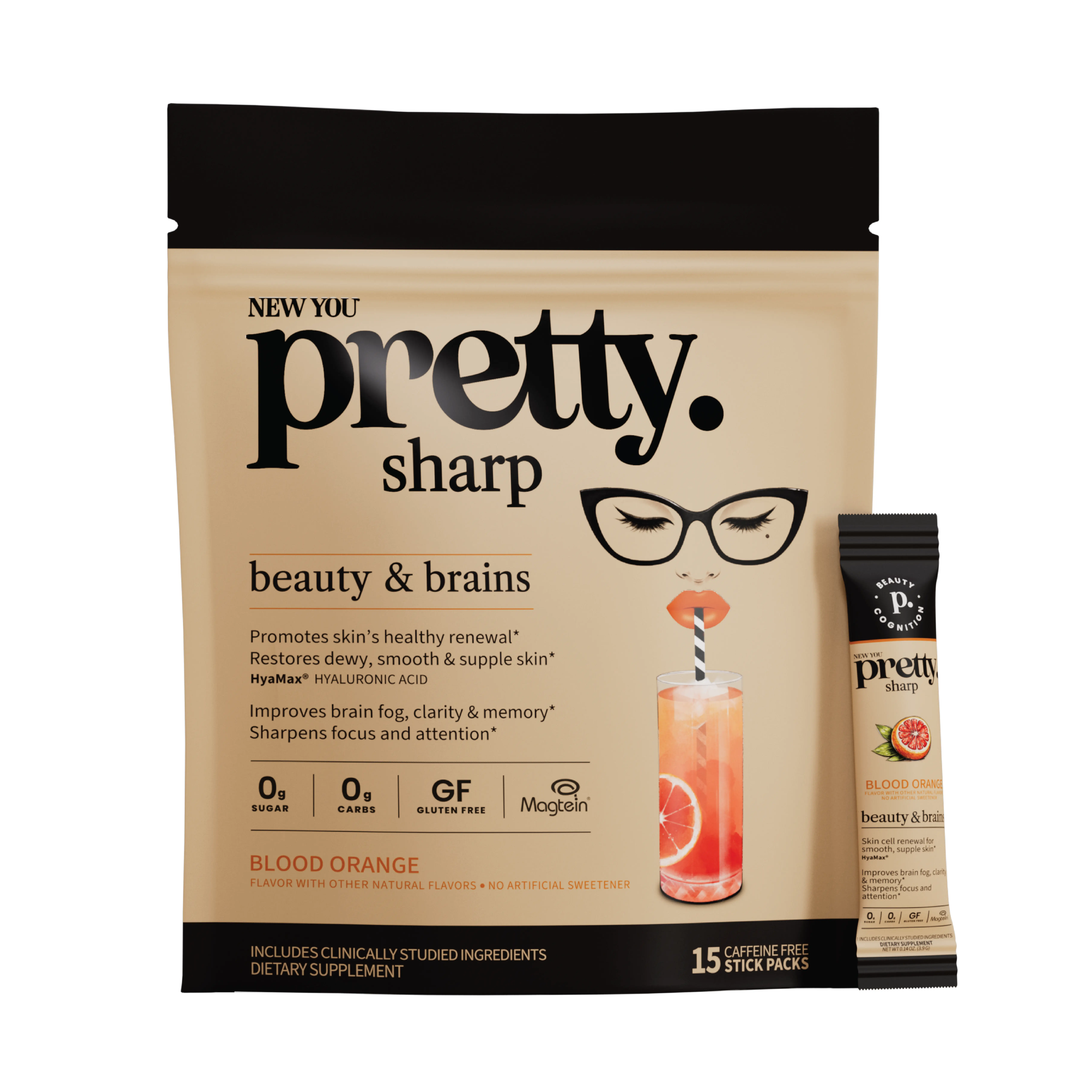 NEW YOU pretty sharp Beauty & Brains Supplement Powder Stick Pack – Skin Hydration + Cognitive Support. Hyamax & Hyaluronic Acid, Magnesium L-Threonate & Neuro Vitamins–Blood Orange–0 Cal, 0 Sugar