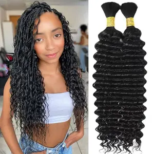 Human Braiding Hair For Boho Braids 20 Inch Deep Wave Bulk Human Hair For Braiding,Natural Black No Weft Human Hair Bundles 2 Bundles Total 100g