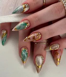 Emerald Marble Luxury Press On Nails | Green Stone & Gold Nails | Luxury Handmade Almond Tips | Elegant Metallic Nail Art