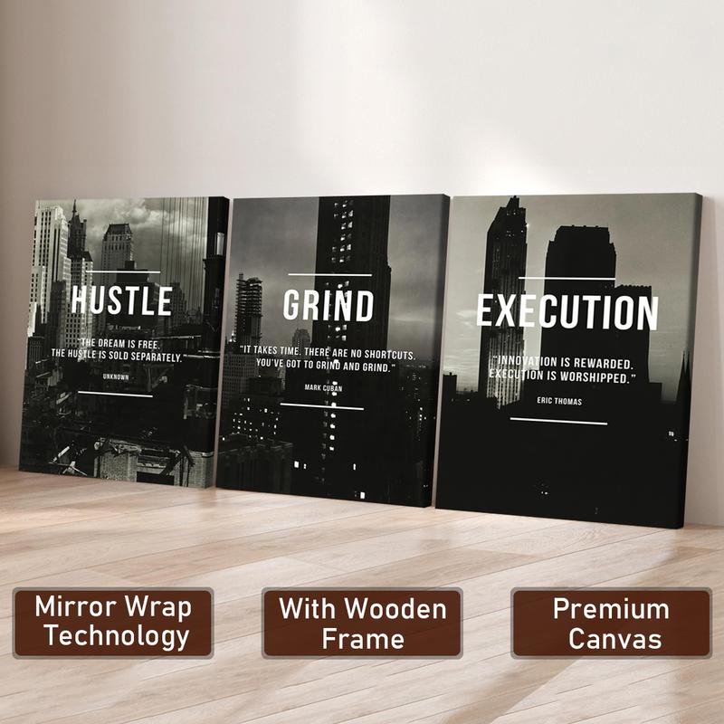 3Pcs Wooden Framed Canvas Painting, Black And White Cityscape With Motivational Quotes, Exquisite Poster, Home Decoration, Pattern Wall Art Decor, For Living Room, Bedroom, Office, Restaurant, Bar Wall Decor, Odorless, Painting, Print Artwork.