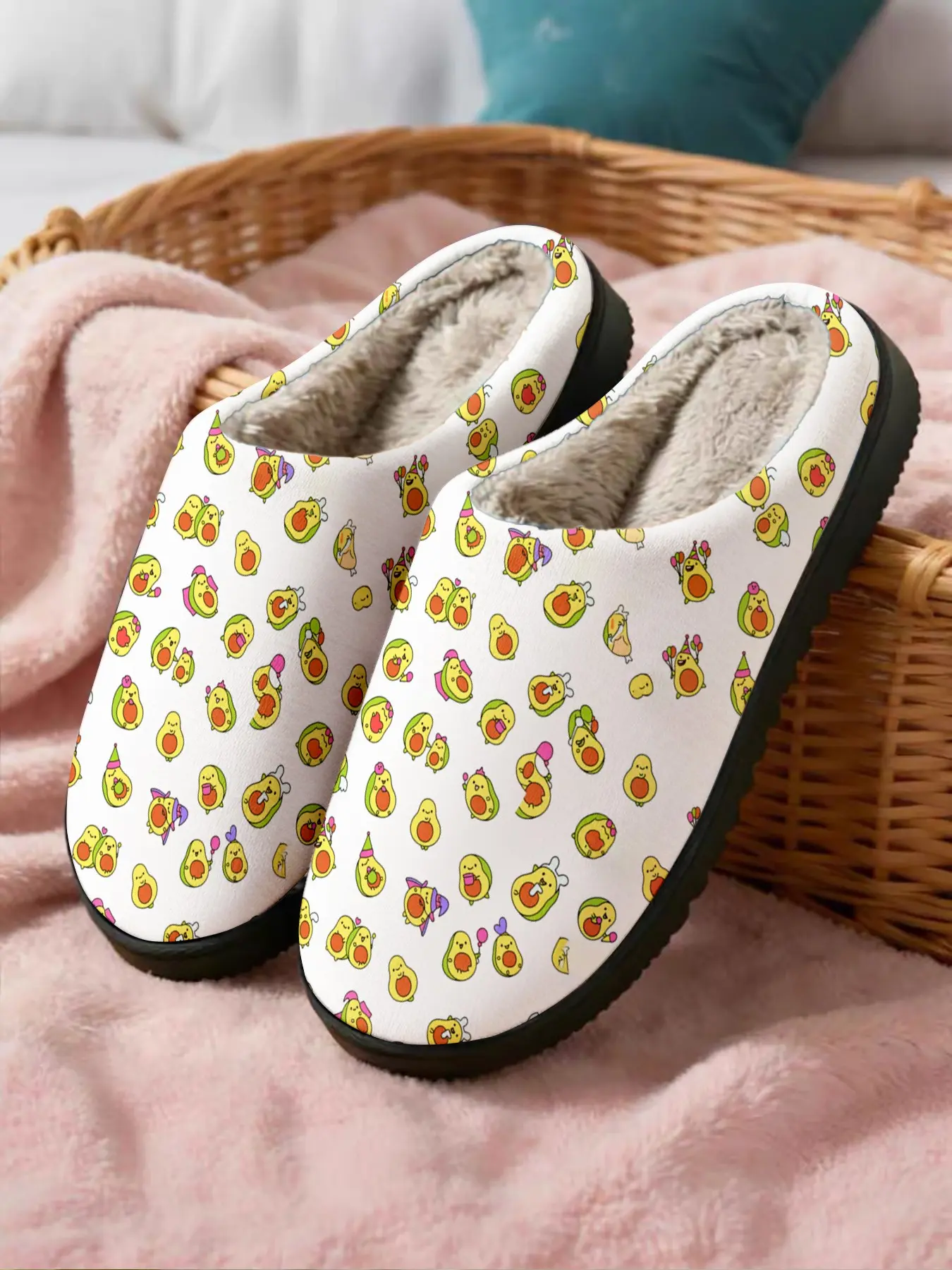 Cute Avocado Printed Home Slippers, Soft Plush Interior with Non-Slip Sole for Bedroom & Living Room, Cozy Casual Footwear for Fall & Winter