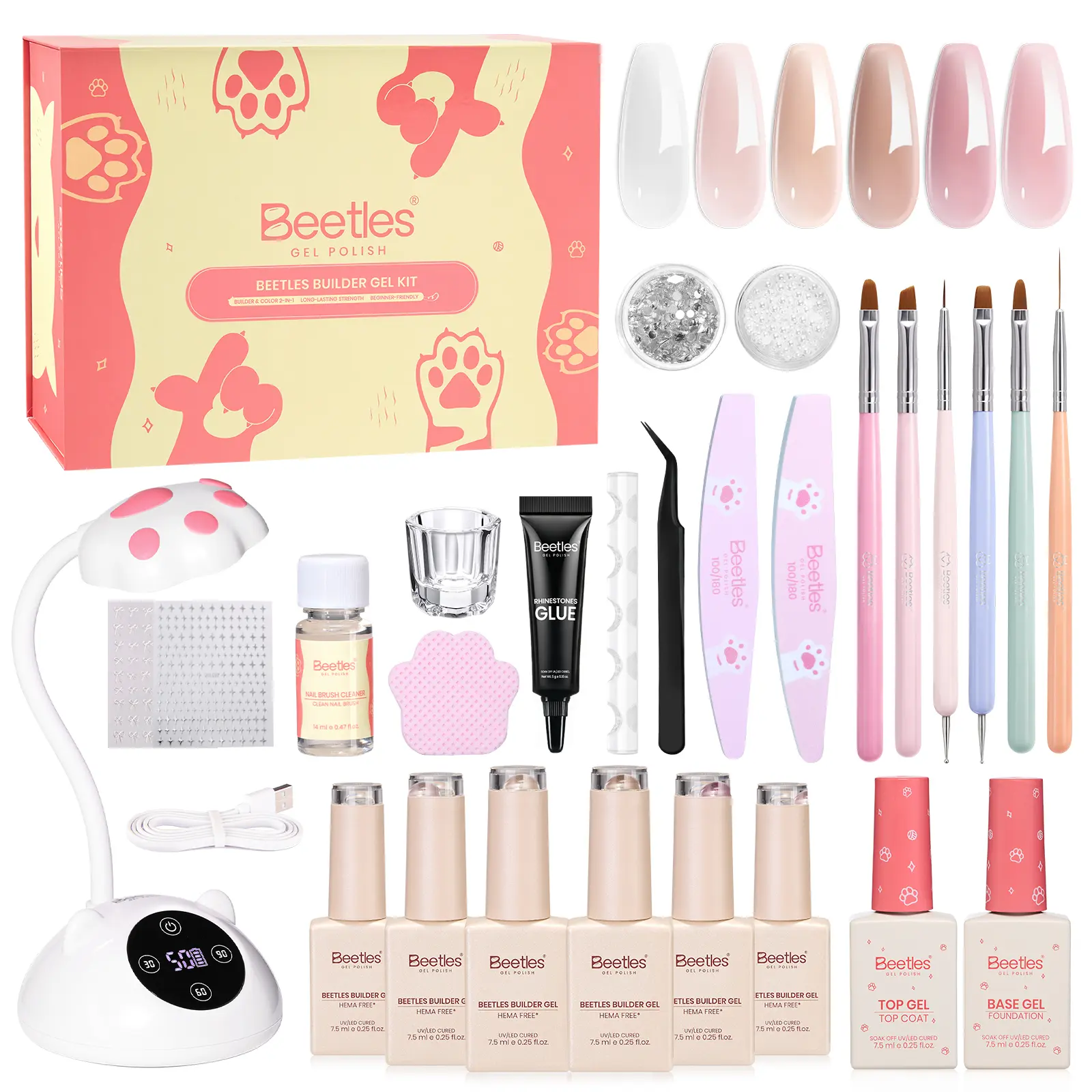 Beetles Builder Nail Gel Kit, 6 Colors HEMA-Free TPO-Free Builder Gel Set with UV LED Nail Lamp, Base Coat & Top Coat, Apex Building Strengthening Extension Kit for DIY Home Manicure