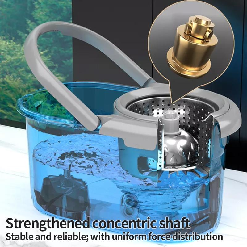 A 360° spin mop bucket set, equipped with 2 microfiber replacement heads, mop bucket, stainless steel adjustable handle, household cleaning tool, suitable for various floor cleaning tasks. Wipes