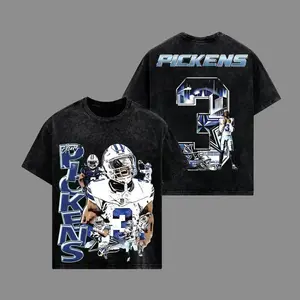 Men's Pickens #3 Football Legend Washed Black Vintage Graphic Tees - Crewneck Short-Sleeve Streetwear Top, Casual Menswear Fan Art T-Shirt
