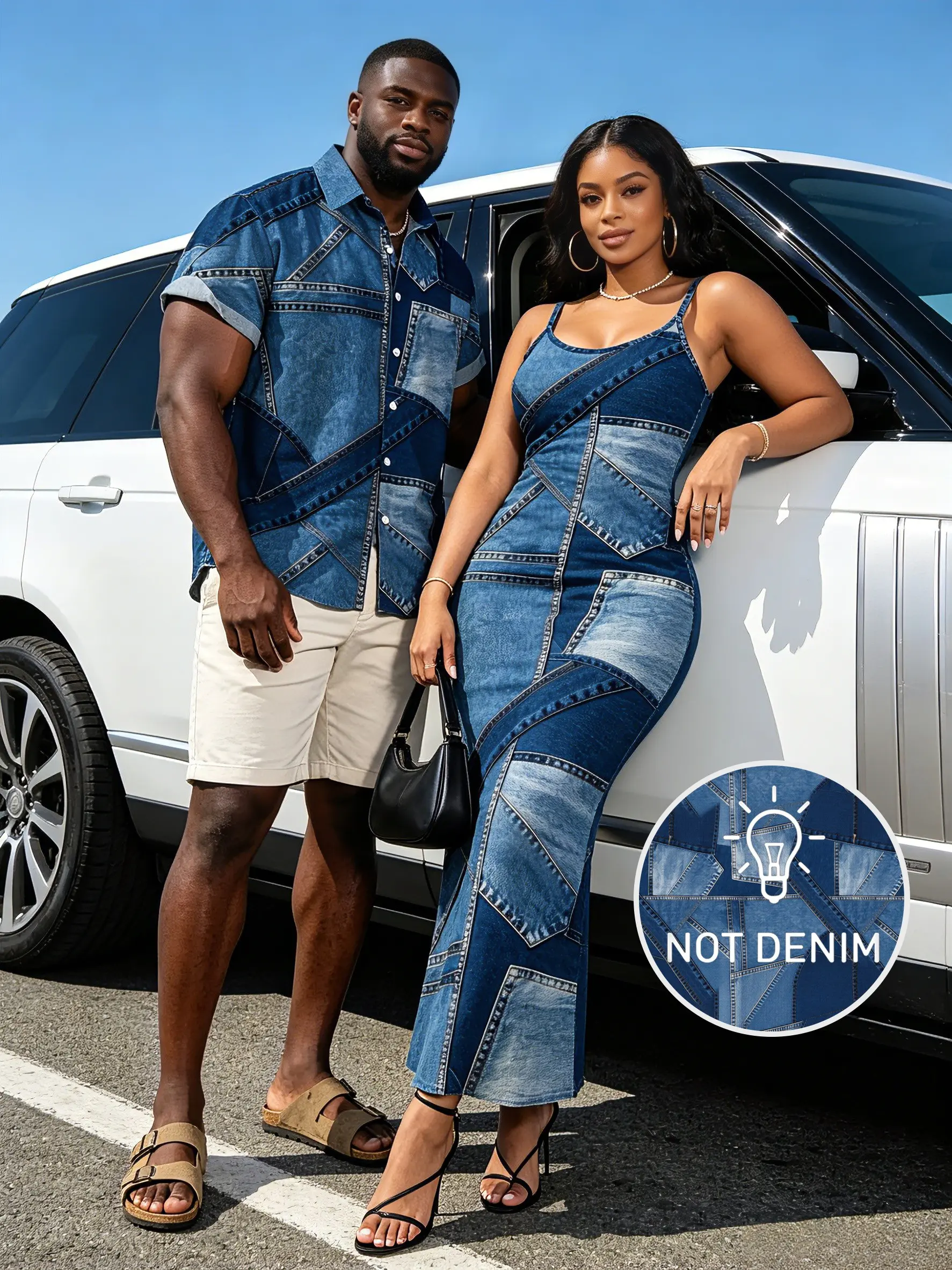 Couples 2-Piece Matching Clothes Set, Floral Colorblock Button Up Shirt and Comfortable Spaghetti Strap Bodycon Midi Dress for Vacation, Fitted