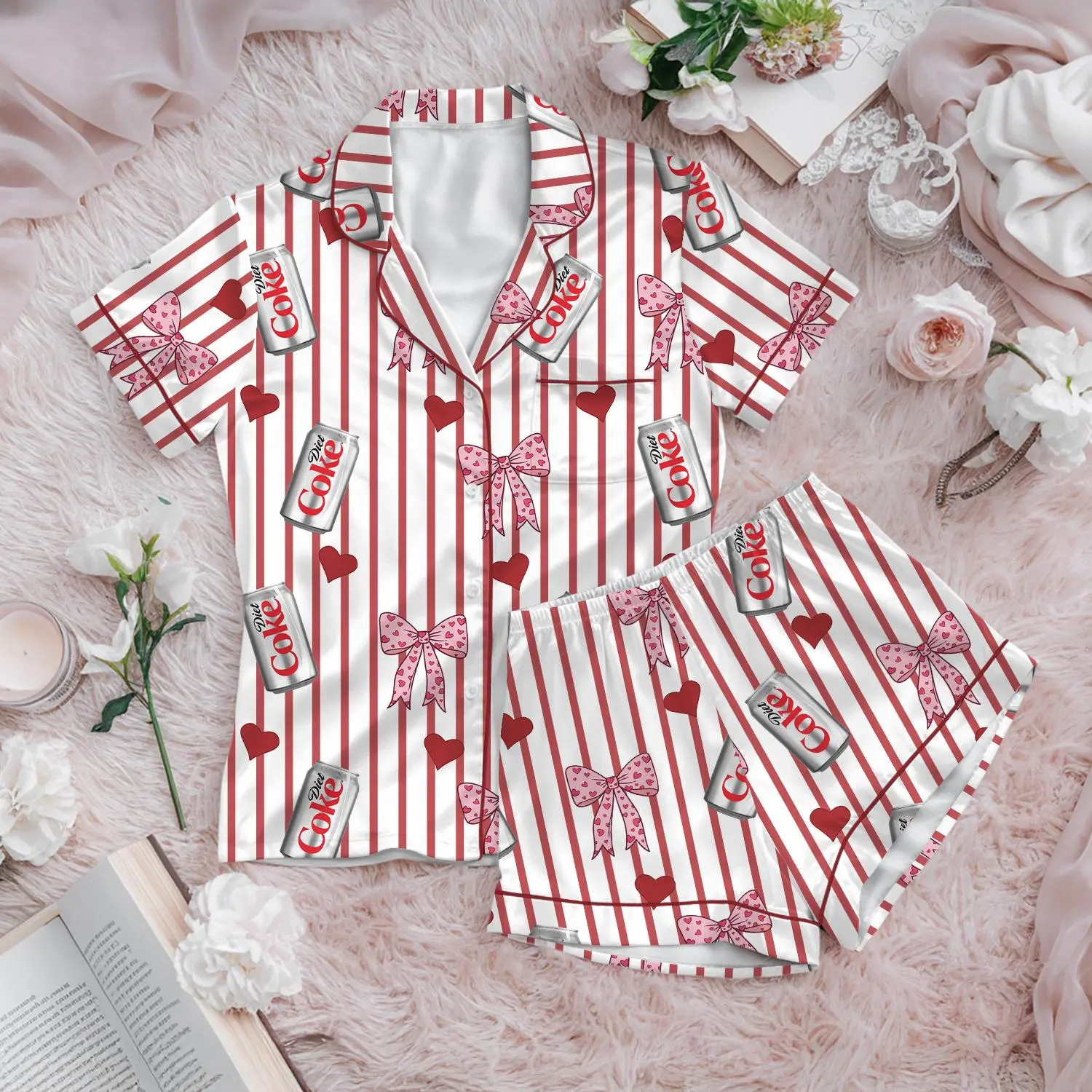 Diet Coke Pajama Set, Red Stripe Satin PJs, Bow Heart Sleepwear, Womens Novelty Pajamas
