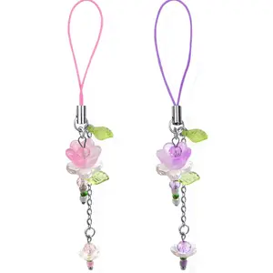 2 PCS Lotus Phone Charms Cute Beaded Flowers Phone Lanyard Wrist Strap Aesthetic CellPhone Keychain Cute PhoneCharms for Women,Purple and Pink