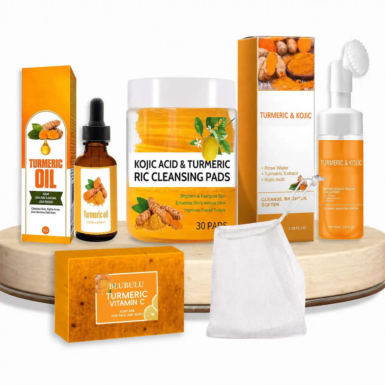 Turmeric Brightening 5-Piece Double Cleansing Facial Kit – Bar Soap, Cleansing Oil, Foaming Mousse & Exfoliating Pads (30ct) – Gentle Daily Skincare Set for Normal Skin, Self-Care Gift Birthday gifts, Mother's Day gifts