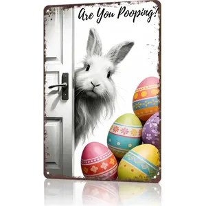"Are You Pooping?" Easter Bunny Bathroom Metal Sign - 8x12 aluminum restroom decor for homes, Easter parties, Cute white bunny with colorful Easter eggs, perfect for viral Easter humor content and gift unboxings for holiday hosts
