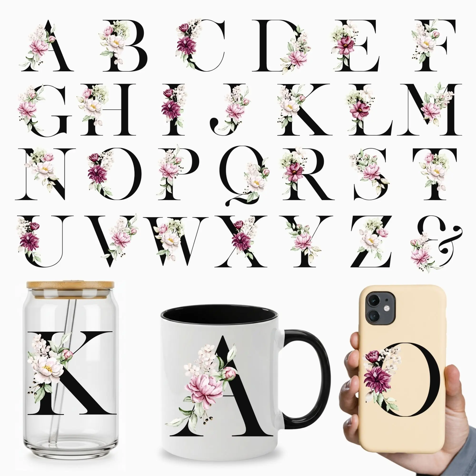 27pcs A-Z Letters & Floral UV DTF Transfer Stickers, Decorative Stickers, Waterproof & Scratch-Resistant for Ceramics, 16oz Glassware, DIY Projects, Cup Stickers