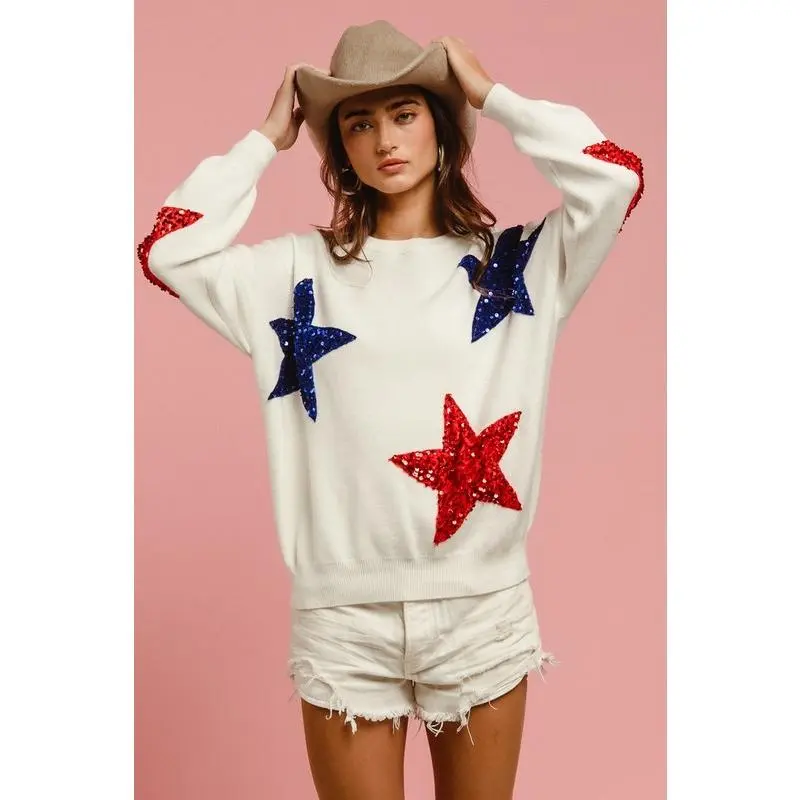 BiBi Velvet Sequin Star Patches Sweater Top
