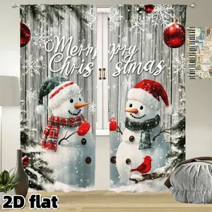 2D Flat 2Pcs Christmas Snowman Window Curtains, Winter Holiday Theme, Rustic Wood Background, Snow Scene Print, Rod Pocket Design, Polyester Fabric, Suitable for Living Room Bedroom Kitchen Home Decor, Festive Season Treatment