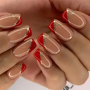 Luxury Red French Tip Press On Nails with Gold Glitter Accent, Square Shape Fake Nails, Reusable and Durable, Easy to Apply and Remove, Glossy Salon Finish, Elegant False Nails for Women, Perfect for Daily Wear, Parties, Weddings, and Special Occasions