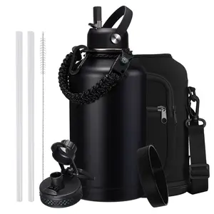 64/128oz Insulated Water Bottle with Strap - Half Gallon Water Jug with Straw & Spout Lid, 2 Liter Stainless Steel Water Bottle Leak Proof, Cold-48h Hot-24h Metal Flask w/ Paracord Handle, Carrier Case